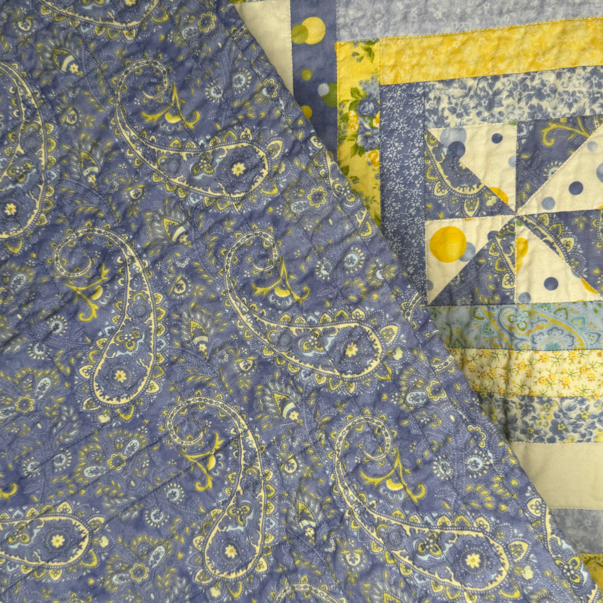 VINTAGE Handmade Blue/Yellow Pinwheel Lap Quilt 42" x 42"
