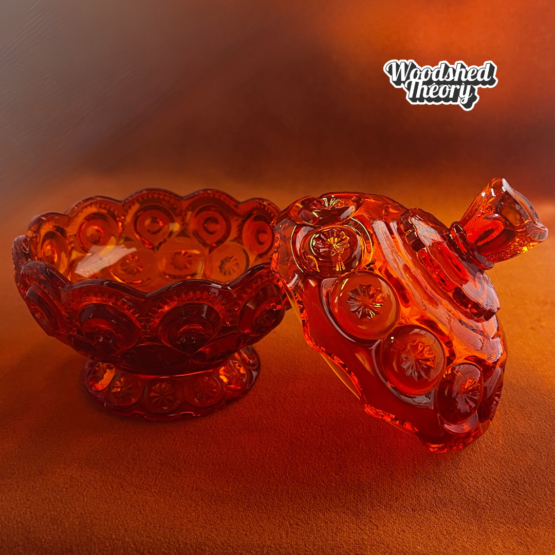 Vintage L.E. Smith Moon & Stars red glass lidded compote candy dish with cadmium glow under black light open
