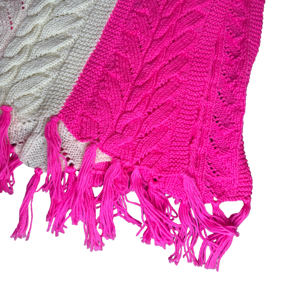 VINTAGE Hand-Knit Funky Cable Blanket Cream and Fuchsia 50" x 70"
