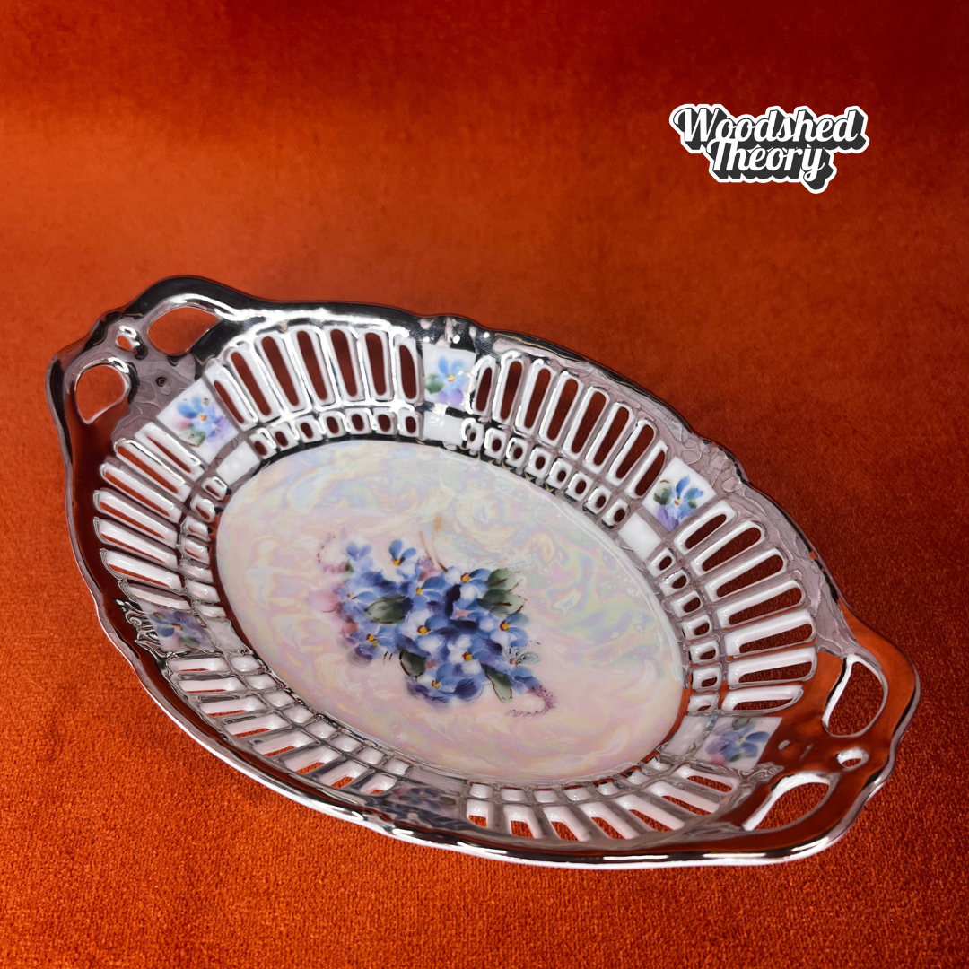 Vintage Bavaria Lusterware Ring Dish – Silver Trim, Blue Forget-Me-Nots, Reticulated Edge, Signed Jorgensen long