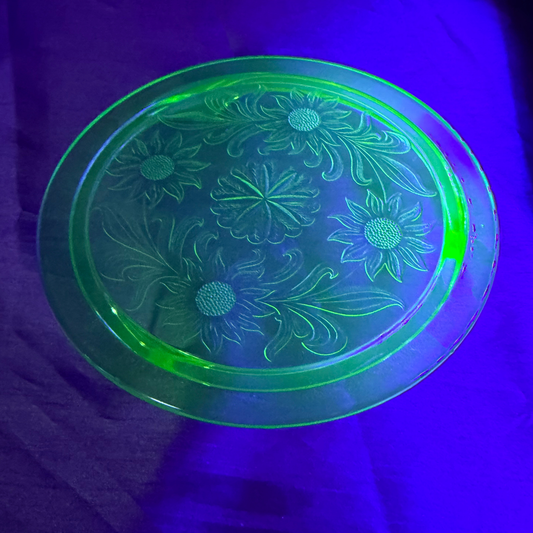 Uranium Jeanette Glass Cake Plate With Sunflower Pattern