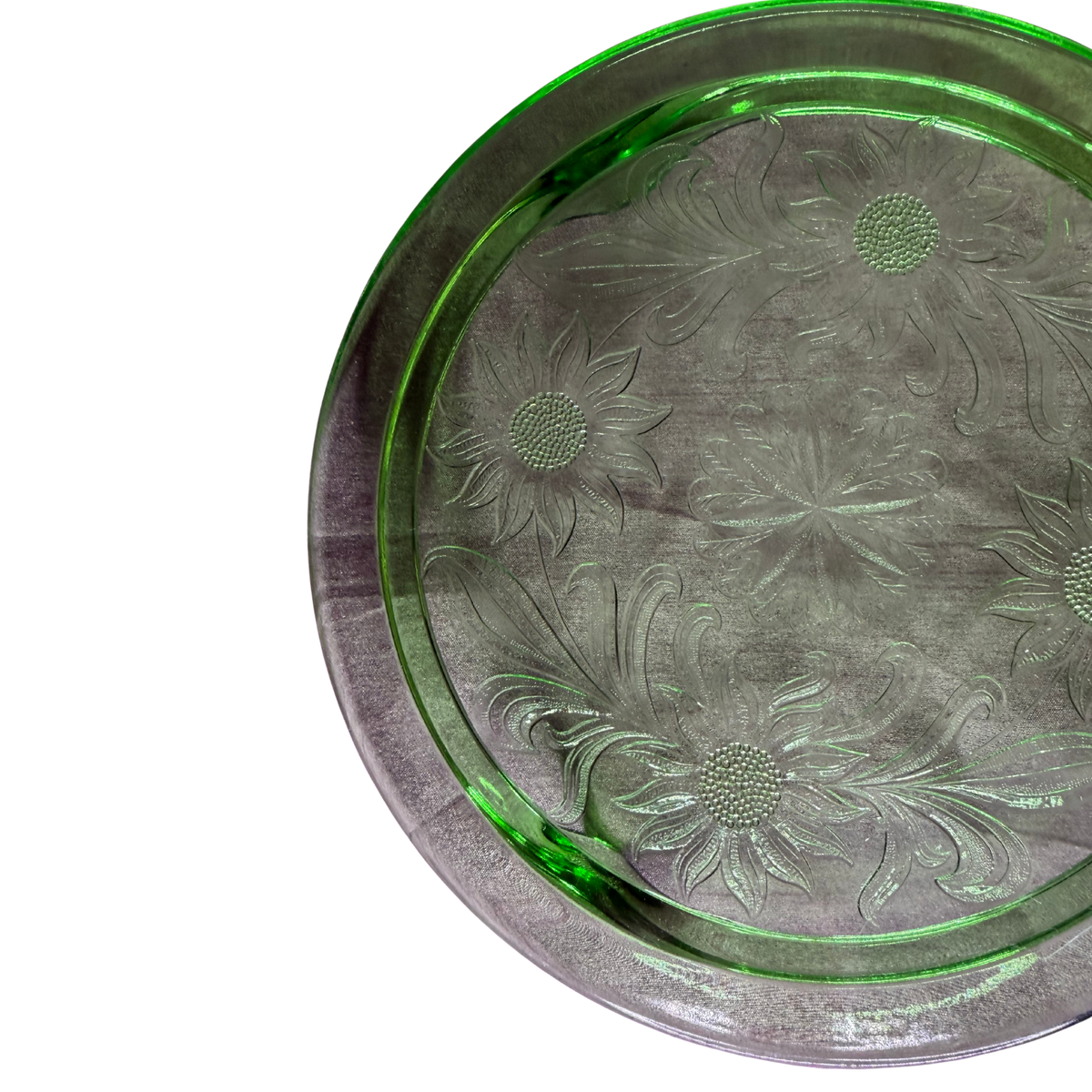 Uranium Jeanette Glass Cake Plate With Sunflower Pattern