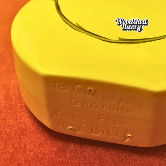 Vintage 1972 All Smiles ceramic smiley face vase, hand painted yellow retro decor piece with cheerful face bottom inscription