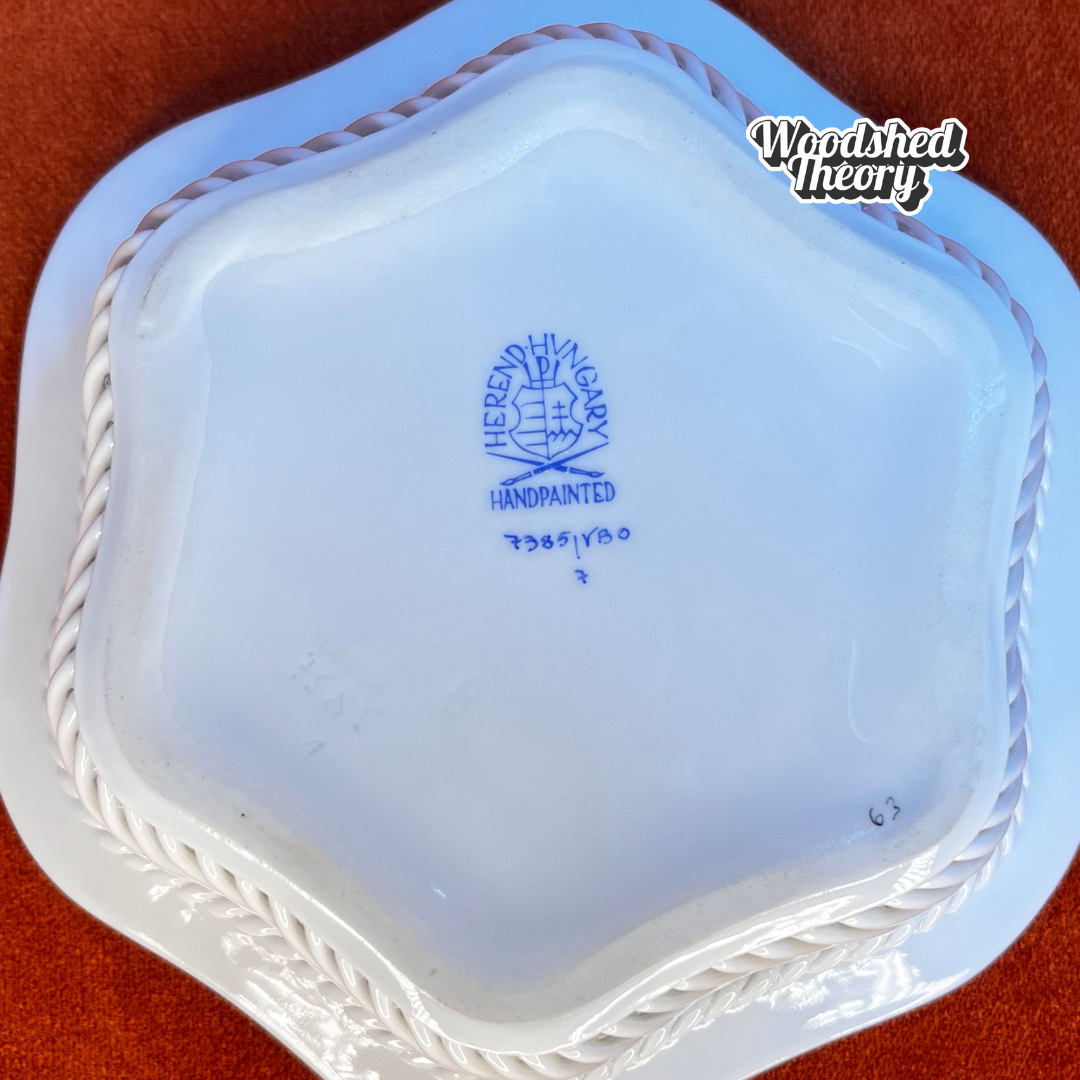 back signature Vintage Herend Hungarian porcelain dish in Rothschild Bird pattern with woven basket design and raised flowers.