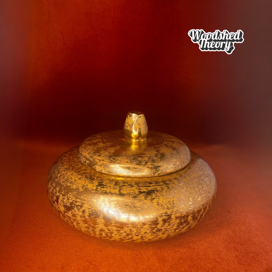 Vintage Stangl Pottery Granada candy dish in mustard yellow with hand-painted 22K gold brush and rosebud lid handle. side