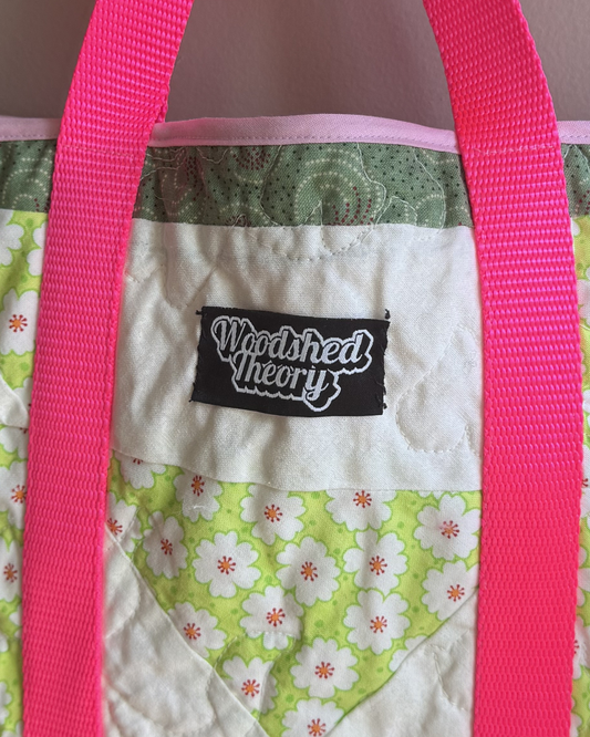 Green/Blue Cherries Floral Quilted Tote
