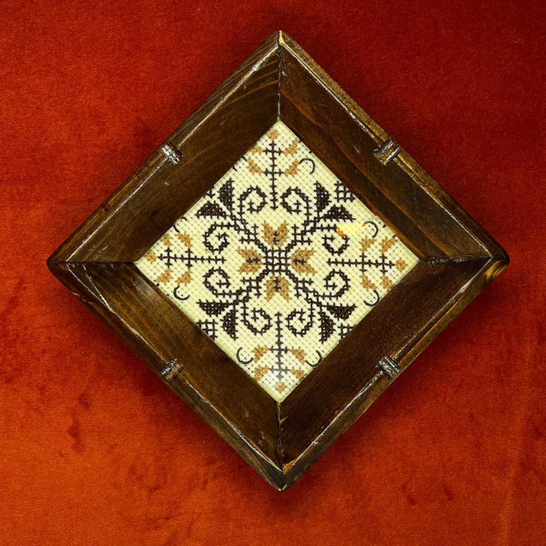Set of 3 vintage wooden coasters with brown frames, glass covers, and retro cross stitch design in warm tones – perfect for drinks or wall art. single top down