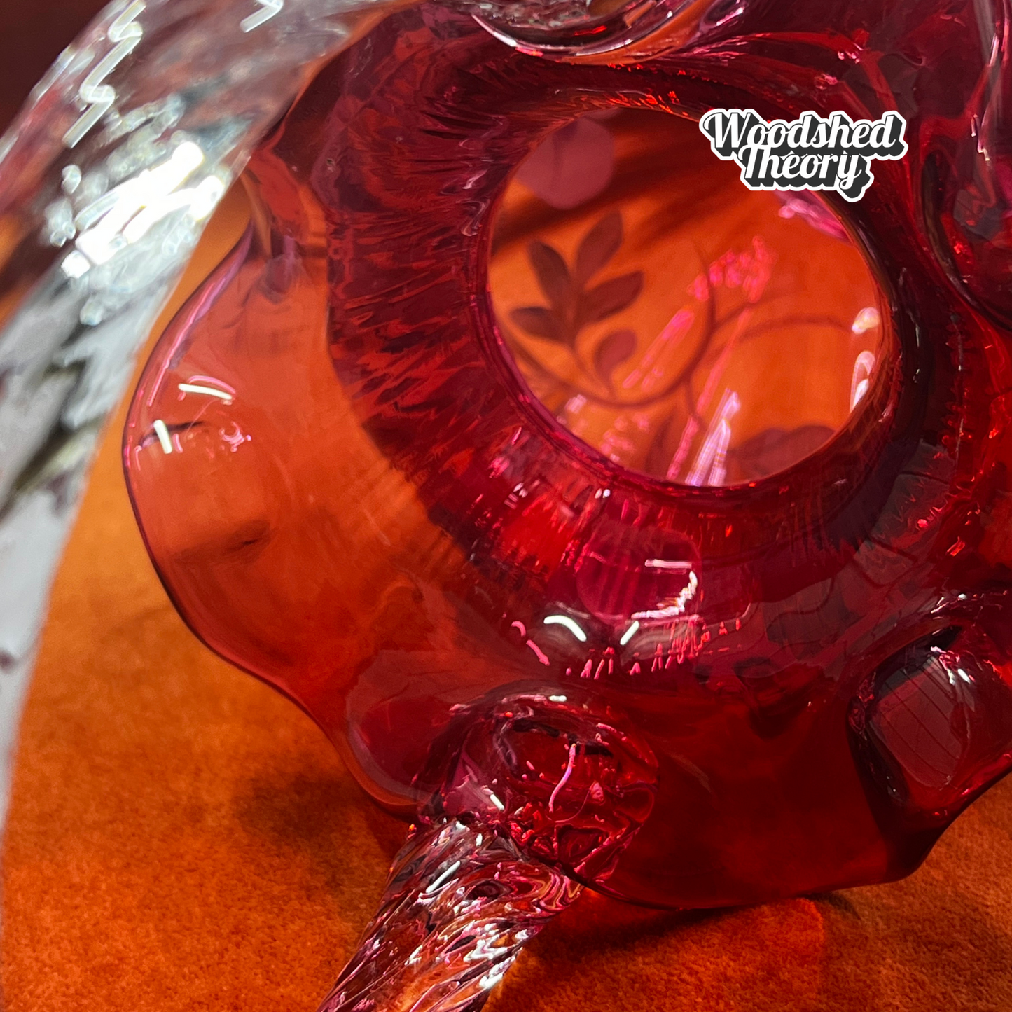 Fenton Art Glass cranberry basket with clear twisted handle, hand painted poppies, and gold glitter, signed by the artist. inside opening 95th anniversary