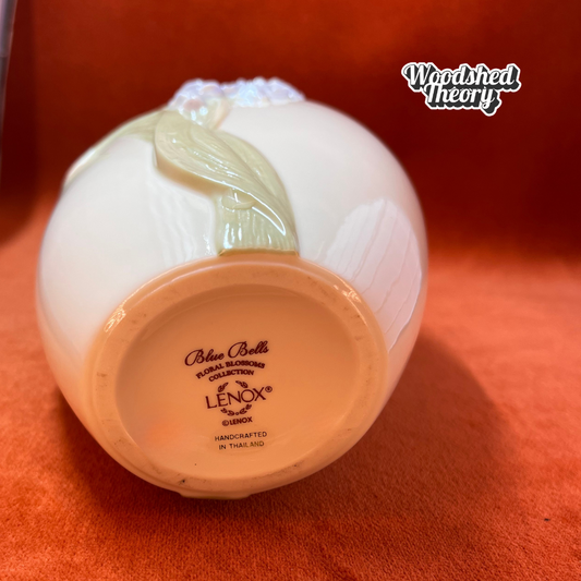 Vintage Lenox Blue Bells Floral Blossoms vase with pastel blue flowers and cream background, 7.25 inches tall. bottom stamp