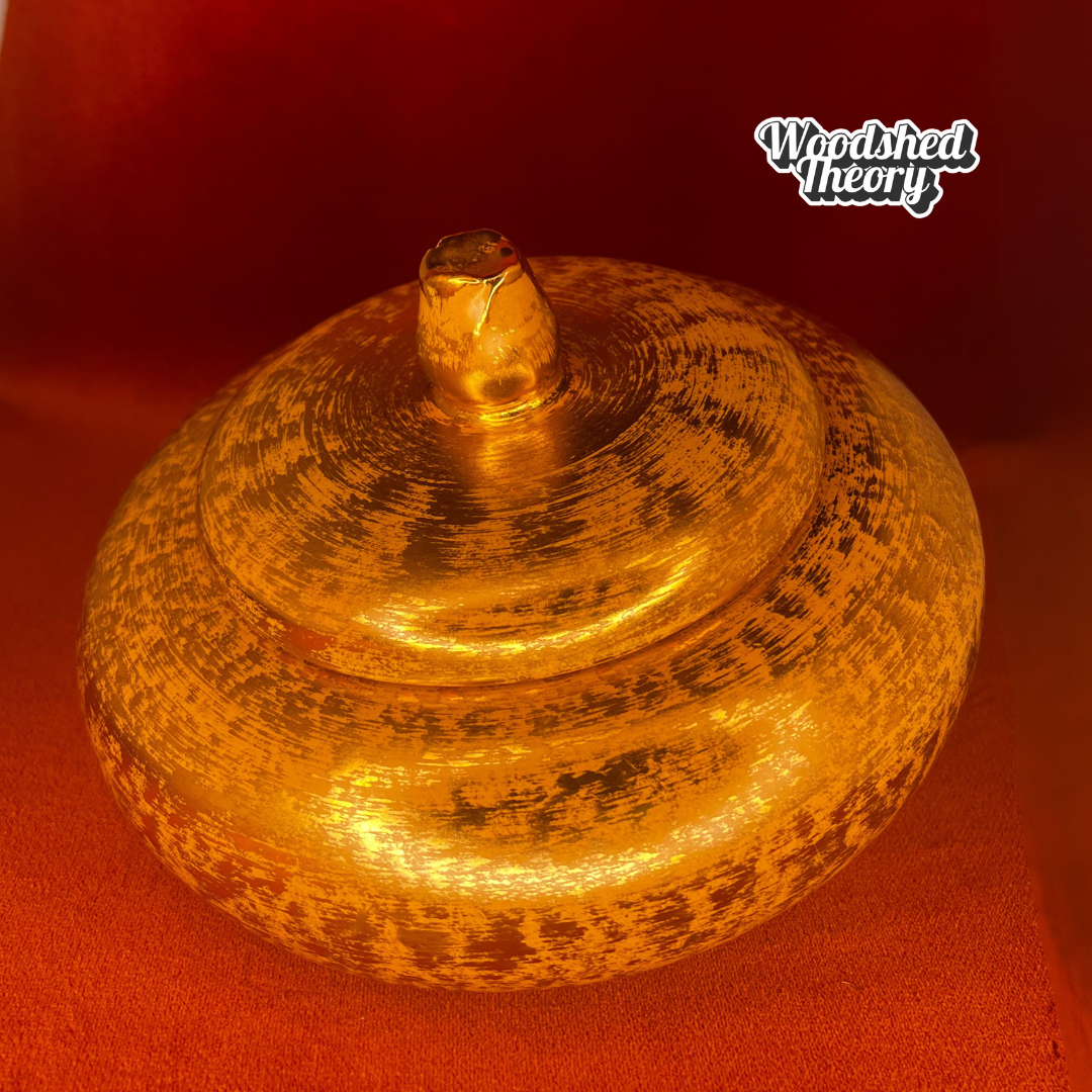 Vintage Stangl Pottery Granada candy dish in mustard yellow with hand-painted 22K gold brush and rosebud lid handle. Front