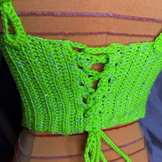 Lime Sparkle Lace-up Crochet Corset Style Top Size L