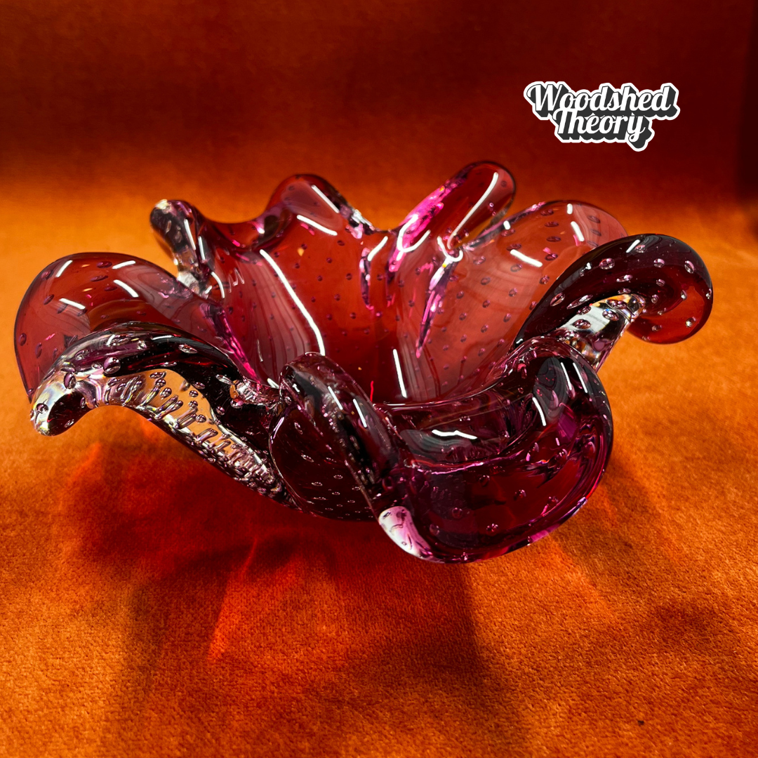 Vintage Murano glass pink lily bowl with controlled bubble design and original sticker. side view