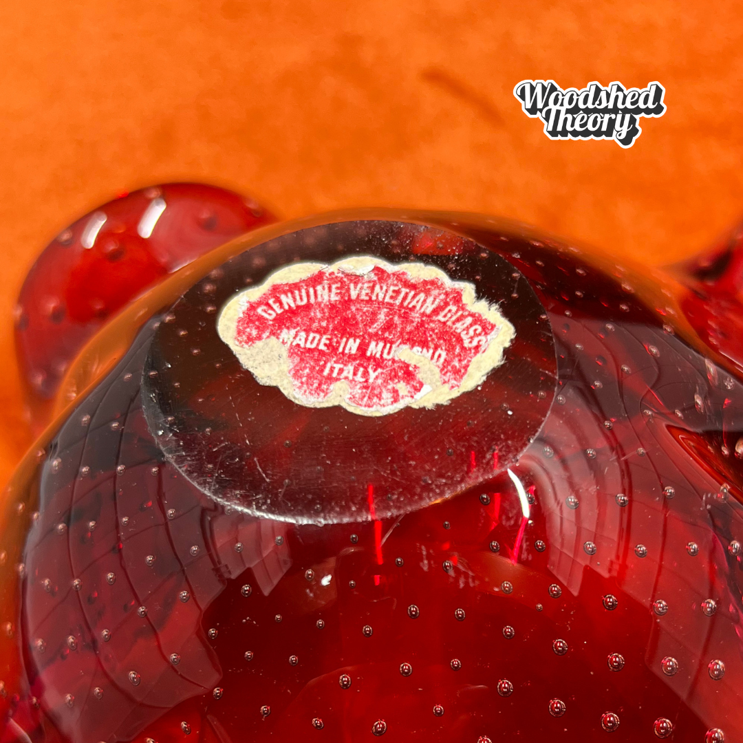 Vintage Murano glass pink lily bowl with controlled bubble design and original sticker. bottom sticker