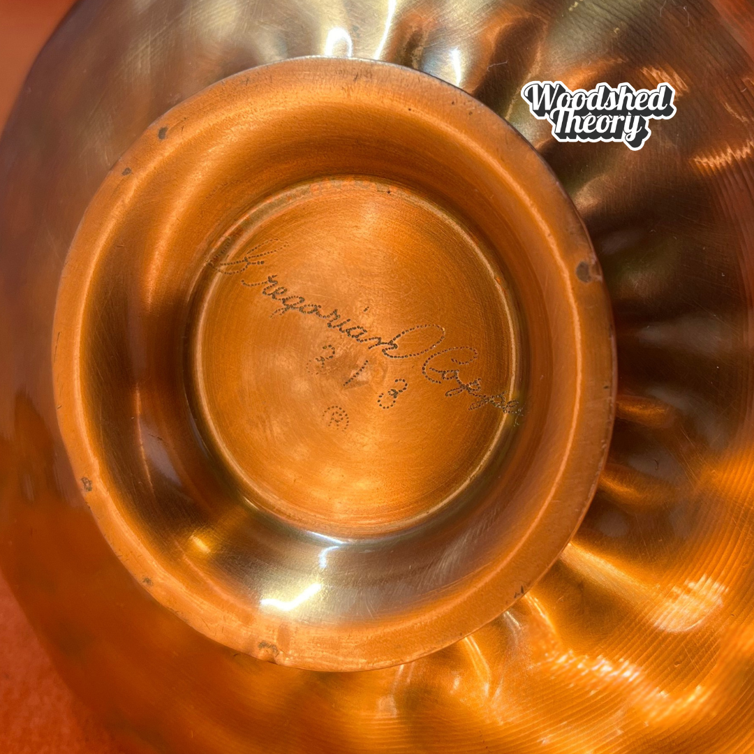 Vintage Gregorian Copper 313 pedestal bowl with hammered finish, ruffled edge, and leaves & berries motif in the center signature on bottom