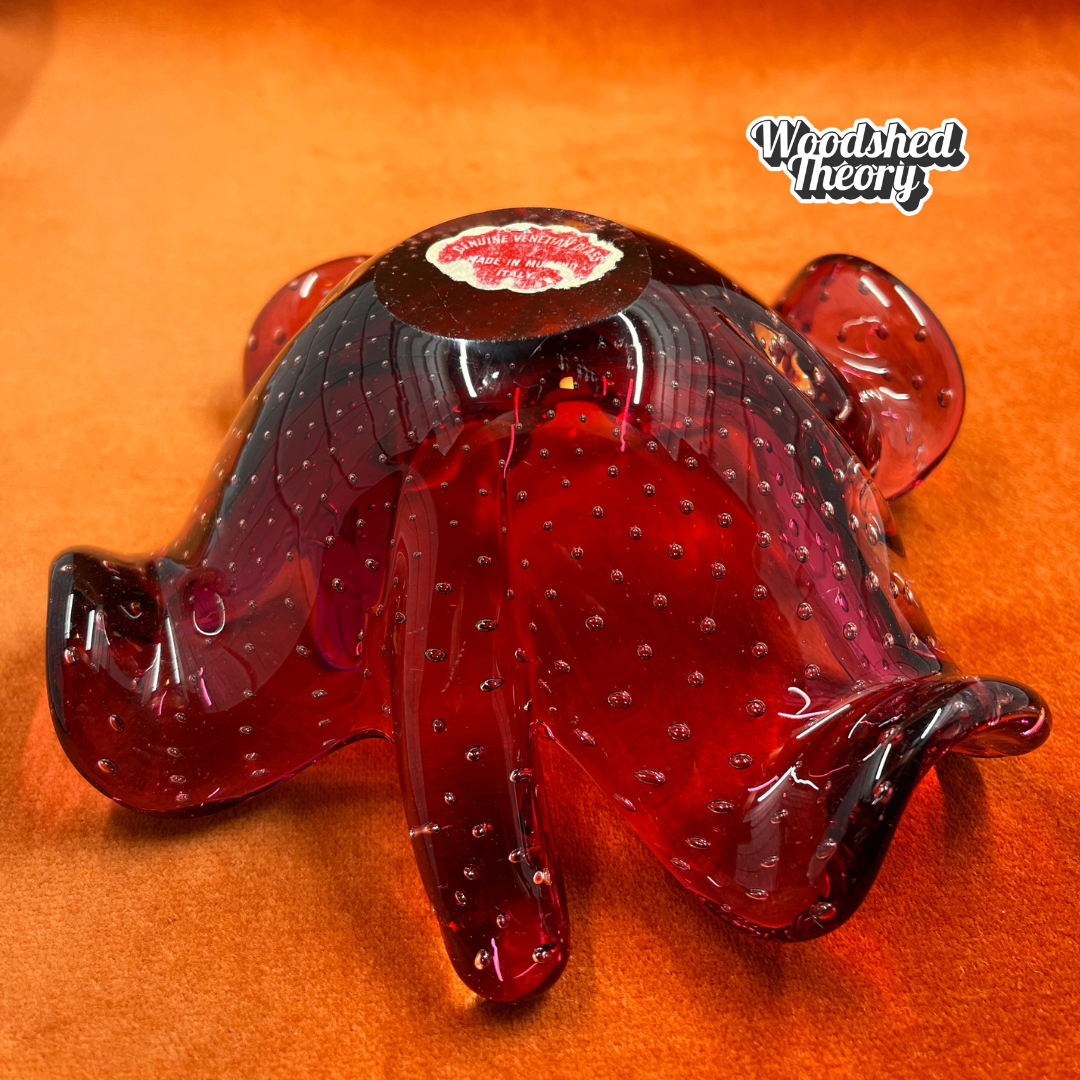 Vintage Murano glass pink lily bowl with controlled bubble design and original sticker. upside down