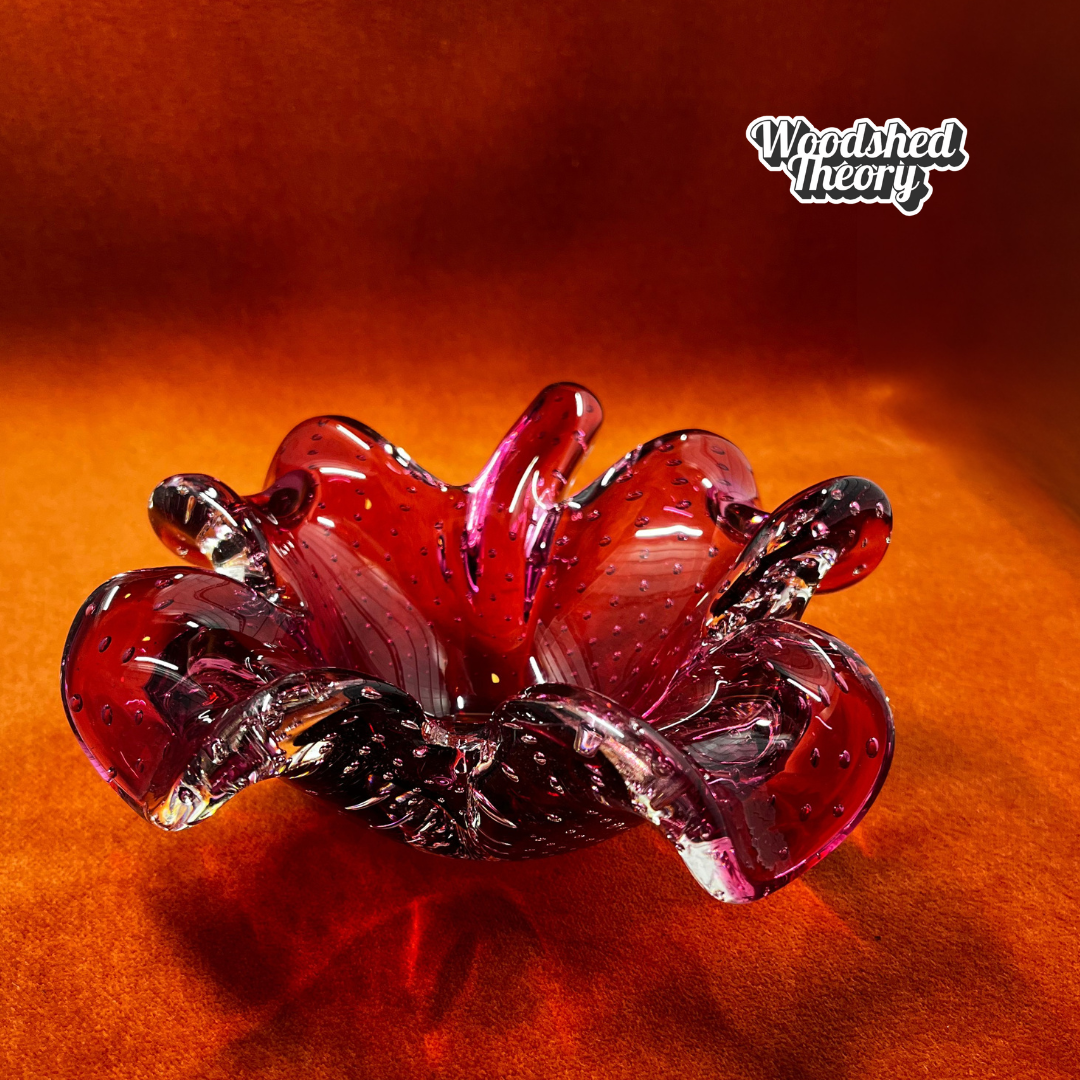 Vintage Murano glass pink lily bowl with controlled bubble design and original sticker. side
