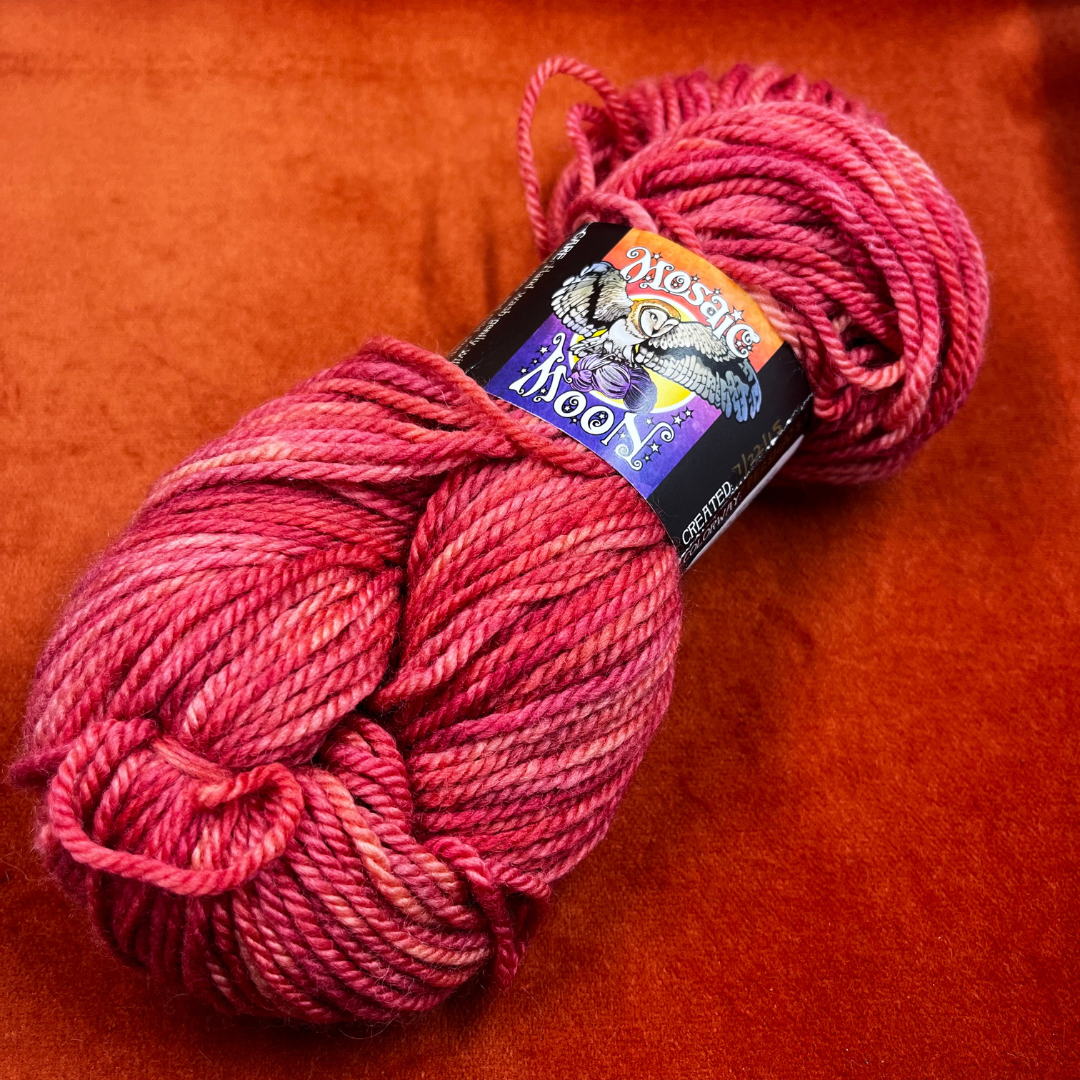 Hank of Mosaic Moon BLF Aran yarn in Persica S.S., a coral pink 100% Bluefaced Leicester wool yarn, approx. 205 yards. close up
