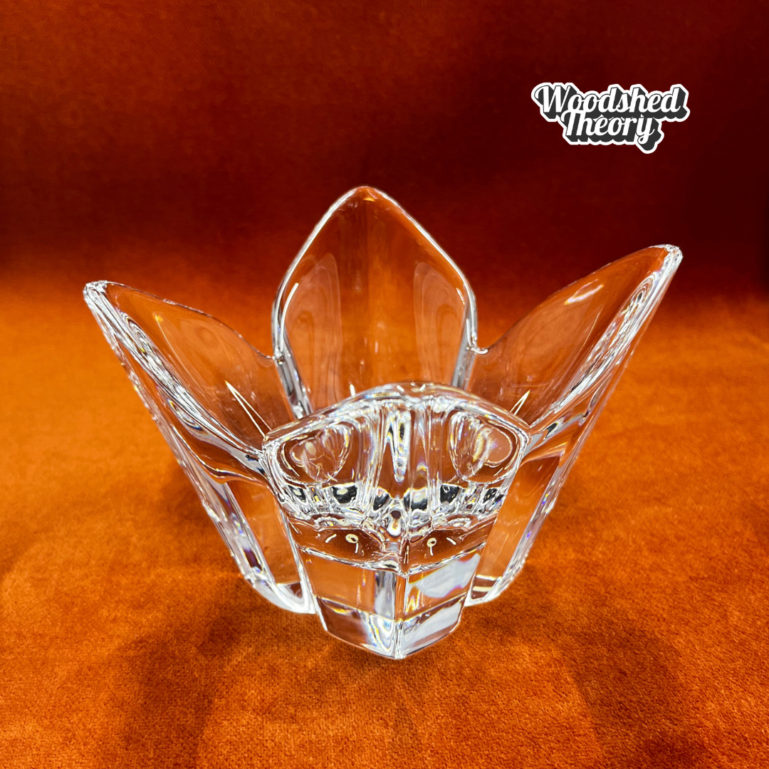 Vintage Orrefors crystal lotus bowl with four petals, signed on base, made in Sweden. side view