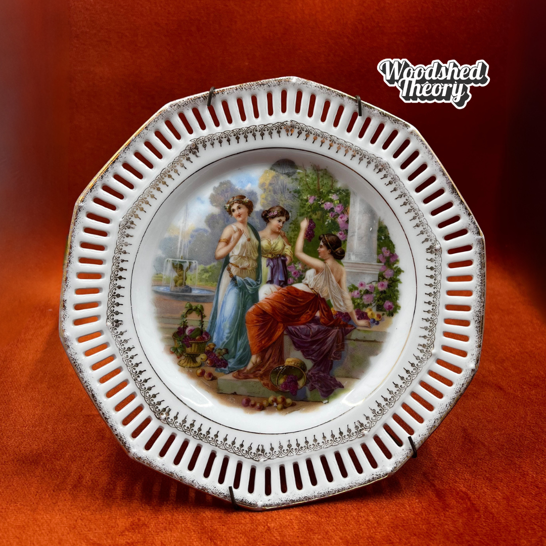 Antique Carl Schumann Bavaria decorative plate with reticulated edge, gold accents, and scene of three Grecian ladies in a garden, 7 inches.