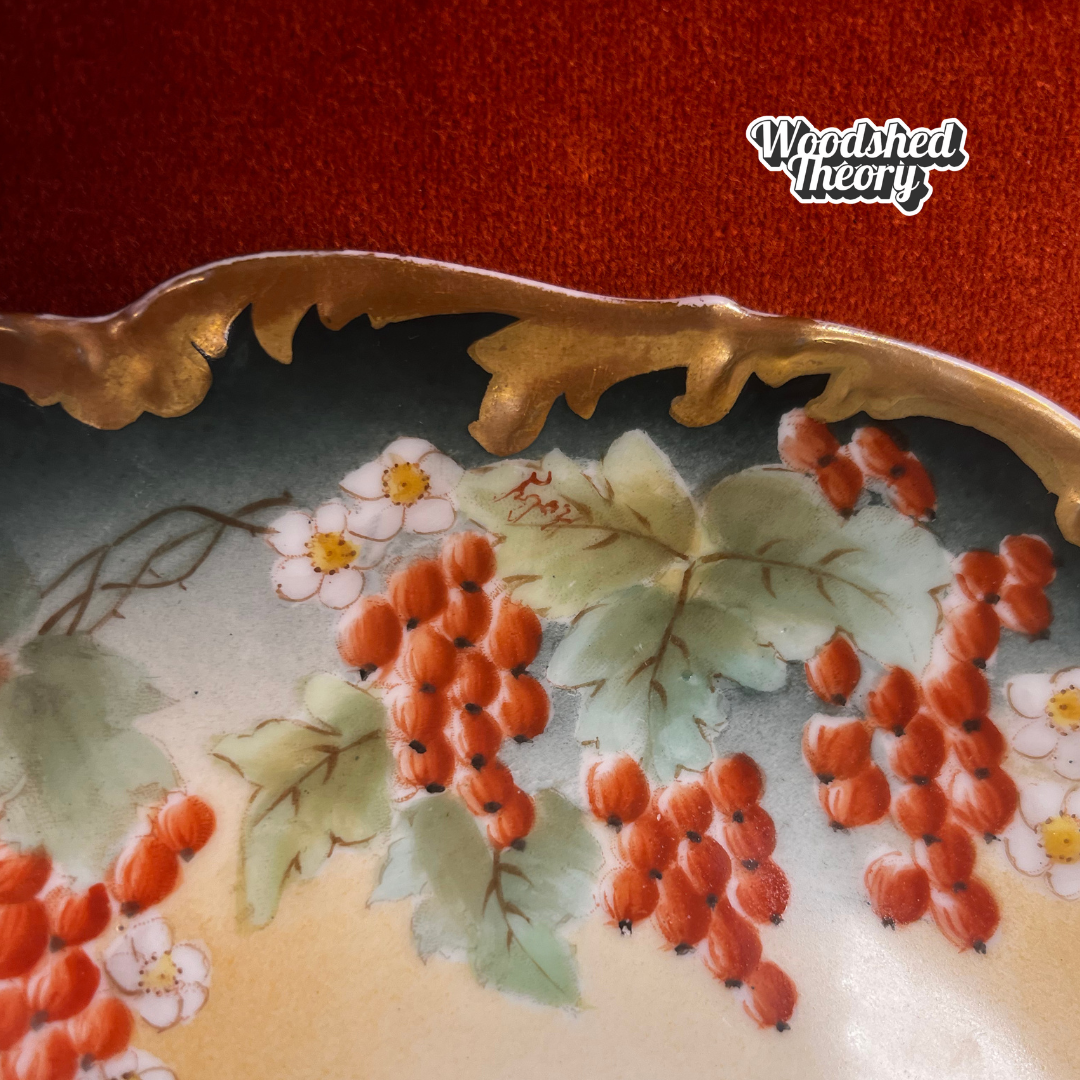 Antique Limoges Hand Painted Plate – Red Currants & White Flowers, Gold Rim, Signed Koby (1896 T&V) close up