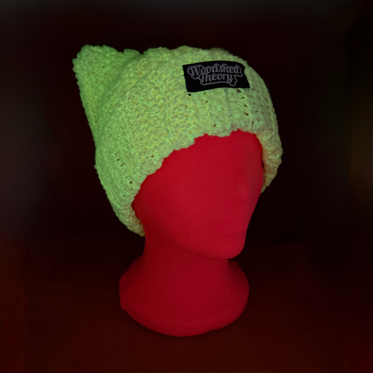 Glow in the Dark Cat Ears Crochet Beanie | Pink glowing green