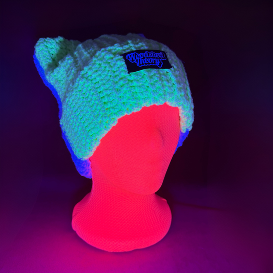 Glow in the Dark Cat Ears Crochet Beanie | Purple and Green glowing front