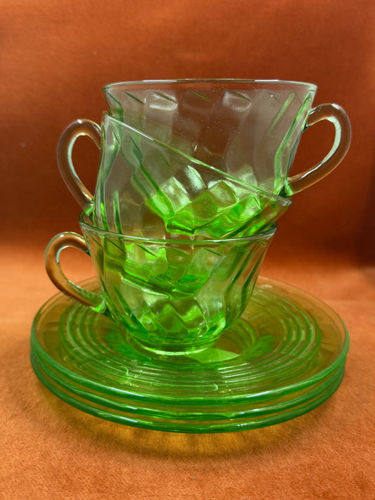 Set of 3 Uranium Tea Cups and Saucers