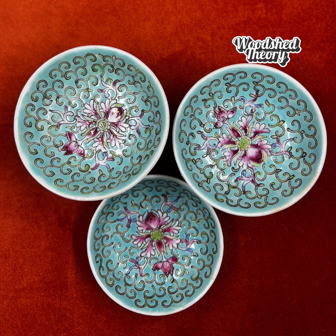 Set of 9 vintage Chinese turquoise porcelain soy sauce dishes with hand-painted Wan Shou Longevity pattern, each slightly unique in size and color. top down