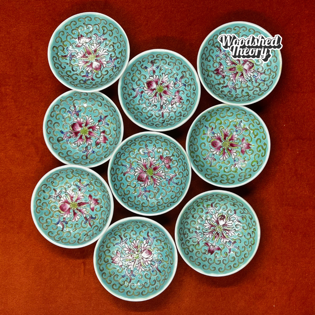 Set of 9 vintage Chinese turquoise porcelain soy sauce dishes with hand-painted Wan Shou Longevity pattern, each slightly unique in size and color. top down