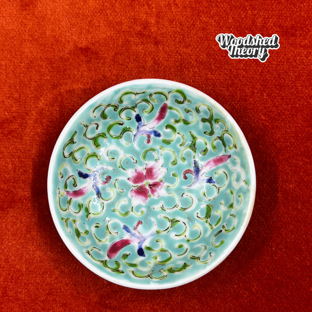 Set of 9 vintage Chinese turquoise porcelain soy sauce dishes with hand-painted Wan Shou Longevity pattern, each slightly unique in size and color. extra dish