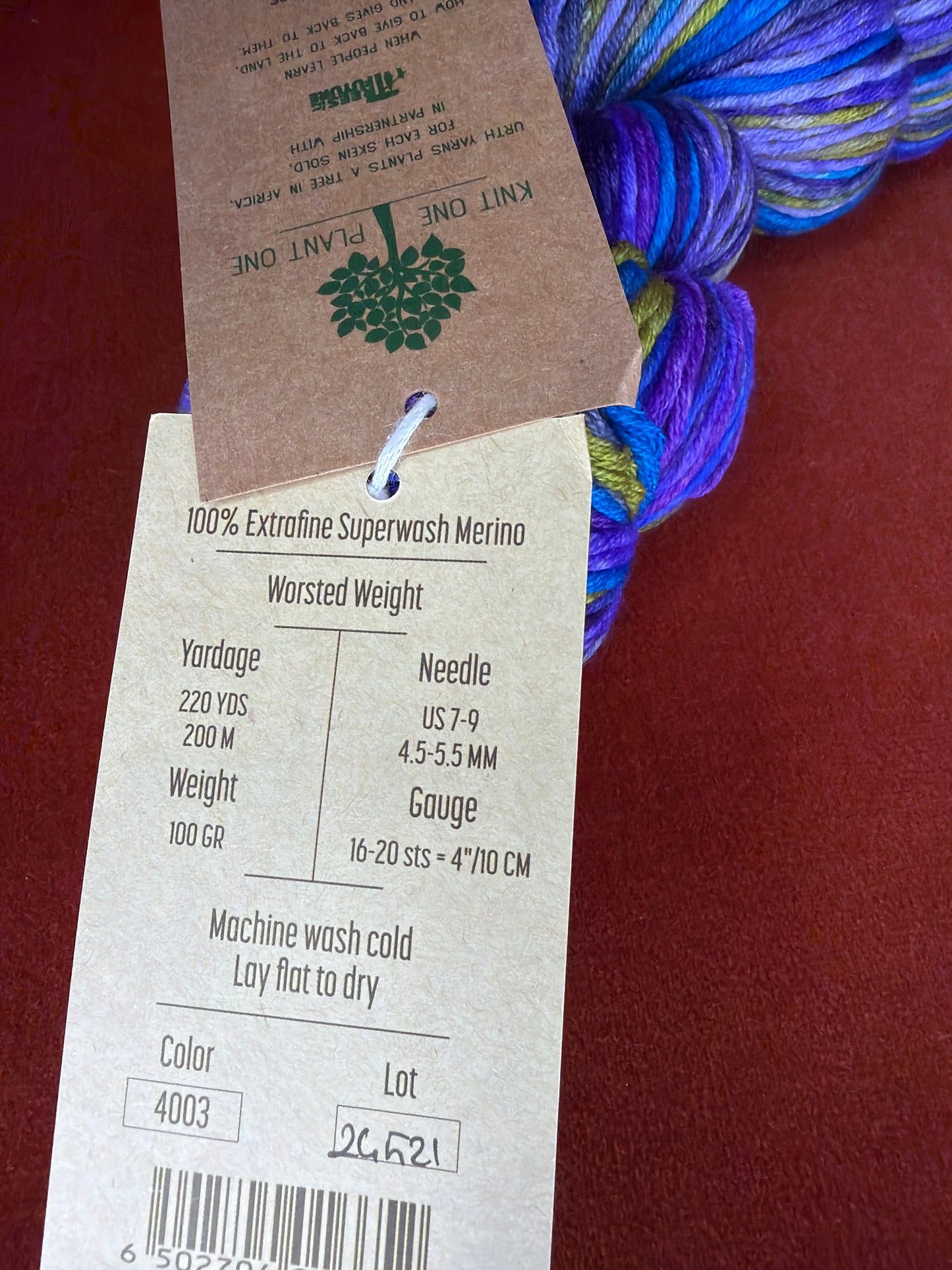 Uneek Worsted by Urth Yarns Color 4003 Lot 26521 (Blues, Purples, Chartreuse Green) tag