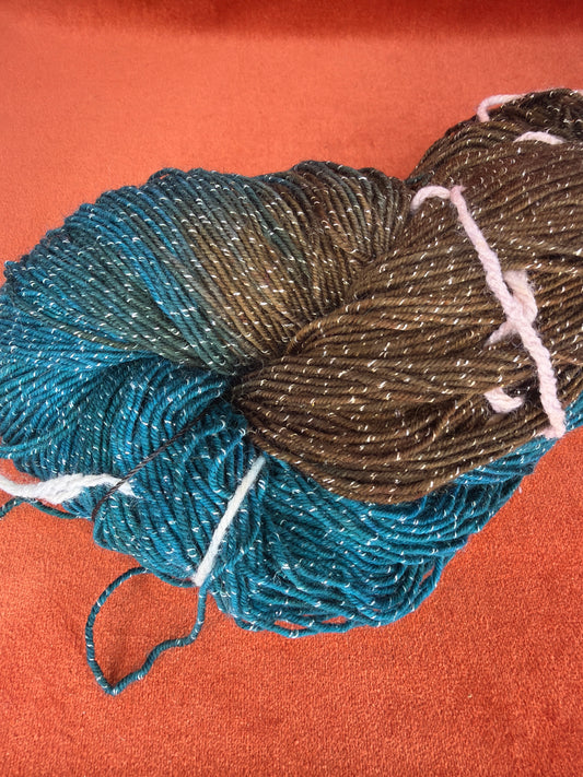 Unlabeled Hand-Dyed Sparkle Teal and Browns close up