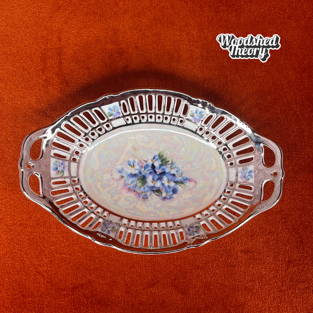 Vintage Bavaria Lusterware Ring Dish – Silver Trim, Blue Forget-Me-Nots, Reticulated Edge, Signed Jorgensen top down