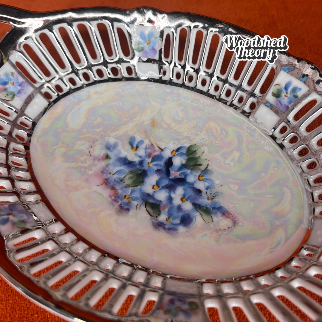 Vintage Bavaria Lusterware Ring Dish – Silver Trim, Blue Forget-Me-Nots, Reticulated Edge, Signed Jorgensen close up painting detail