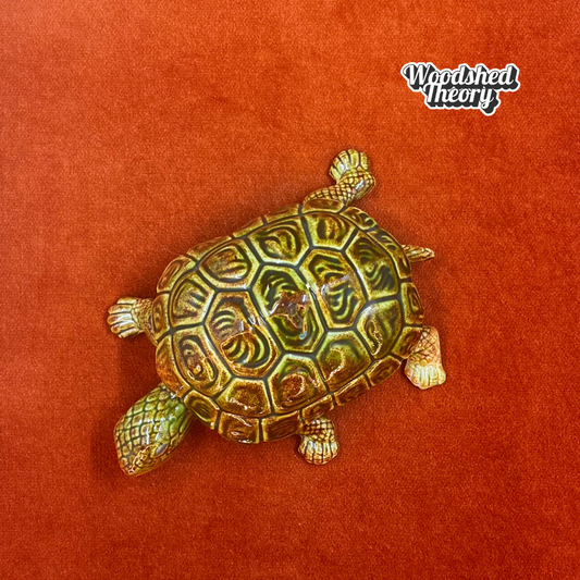 Vintage Turtle Trinket Box – Hand Painted 1964 Hobby Craft, Green & Brown Tones top down