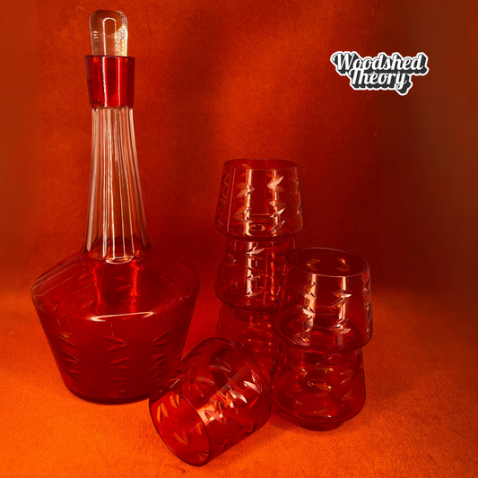 Vintage USSR Soviet-era orange cut glass decanter with glass stopper and six matching glasses, mid century modern retro barware set. full set 2