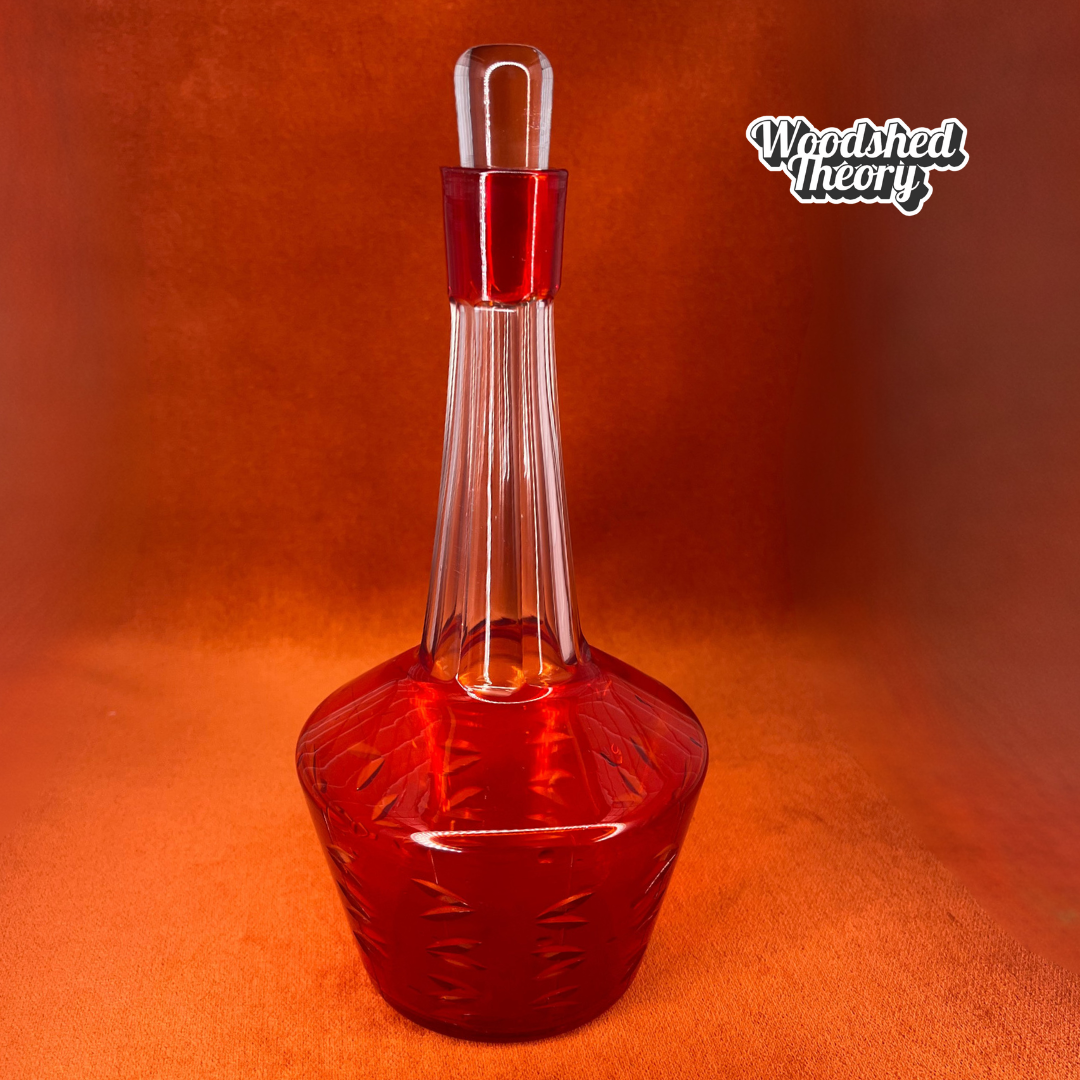 Vintage USSR Soviet-era orange glass decanter with glass stopper and six matching glasses, mid century modern retro barware set. decanter with glass stopper