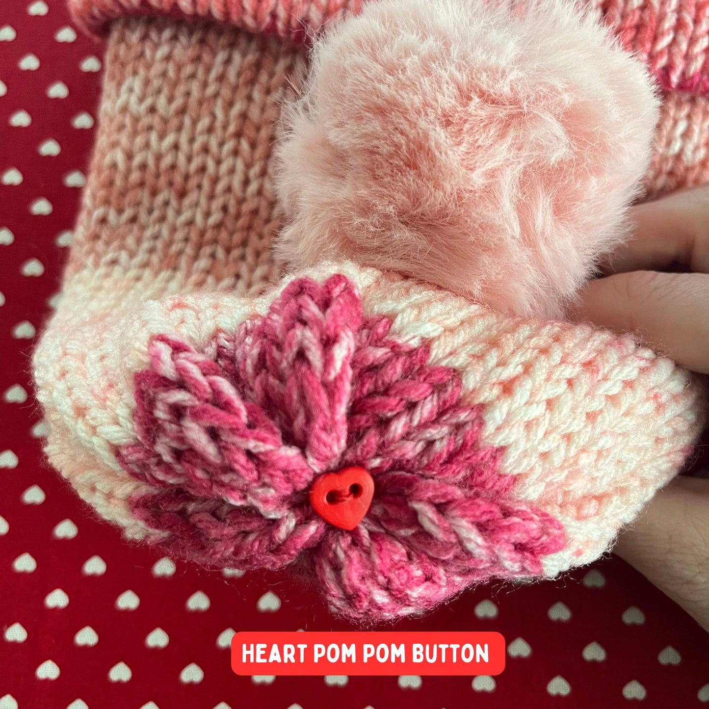Special Heart Shaped Button on Beanie for removable pom-pom