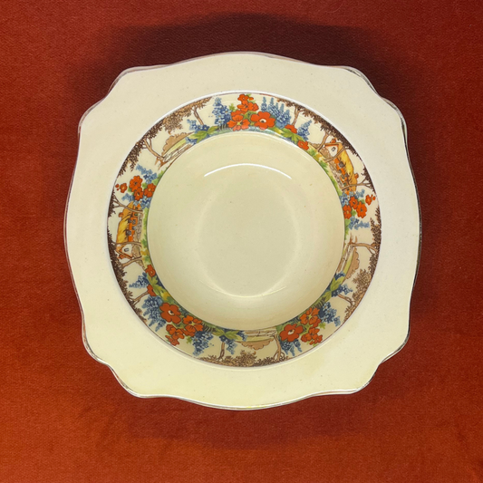 Vintage Royal Staffordshire bowl with English cottage and floral design top down