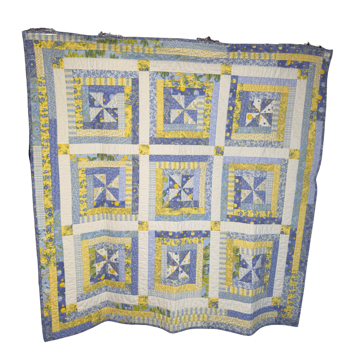 VINTAGE Handmade Blue/Yellow Pinwheel Lap Quilt 42" x 42"