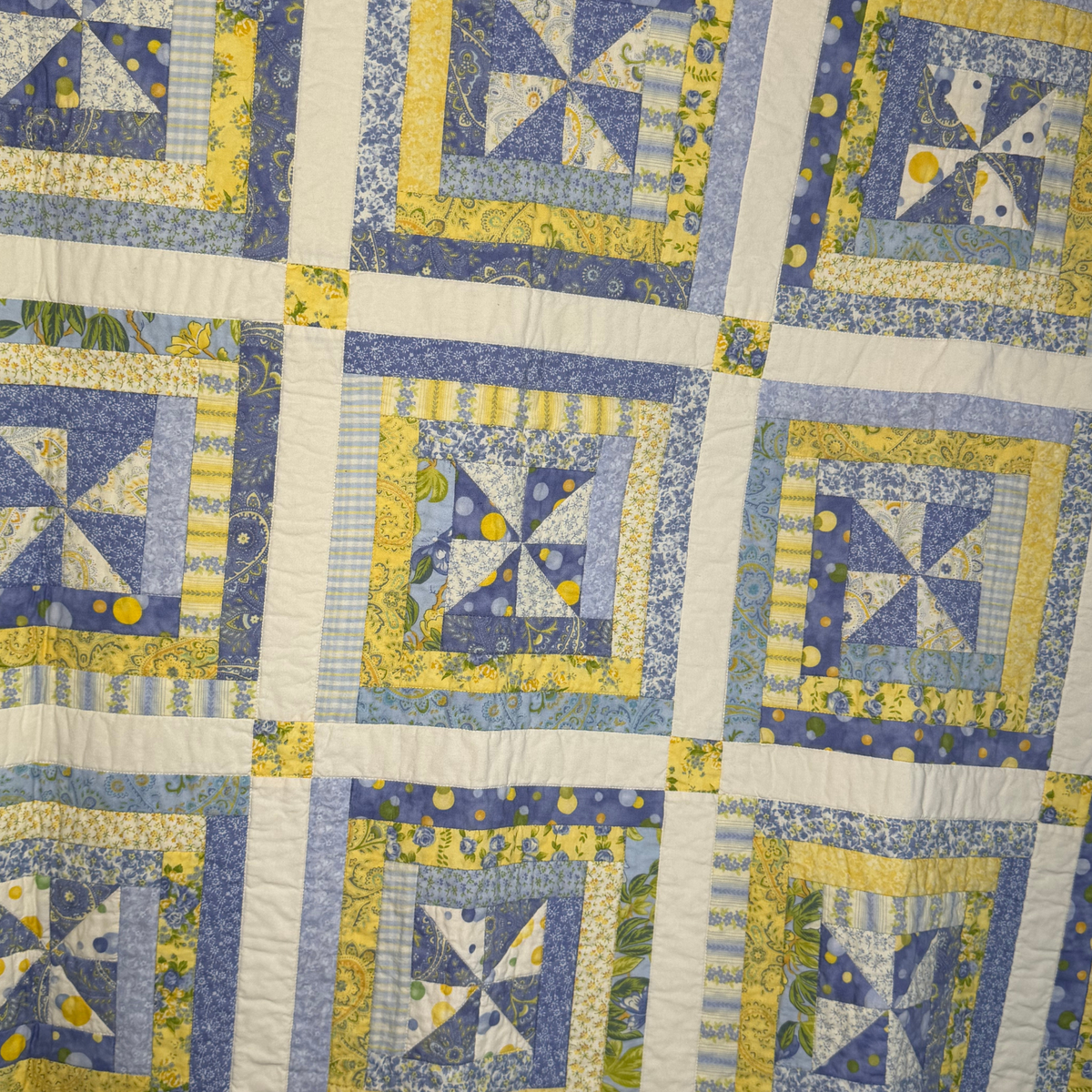 VINTAGE Handmade Blue/Yellow Pinwheel Lap Quilt 42" x 42"