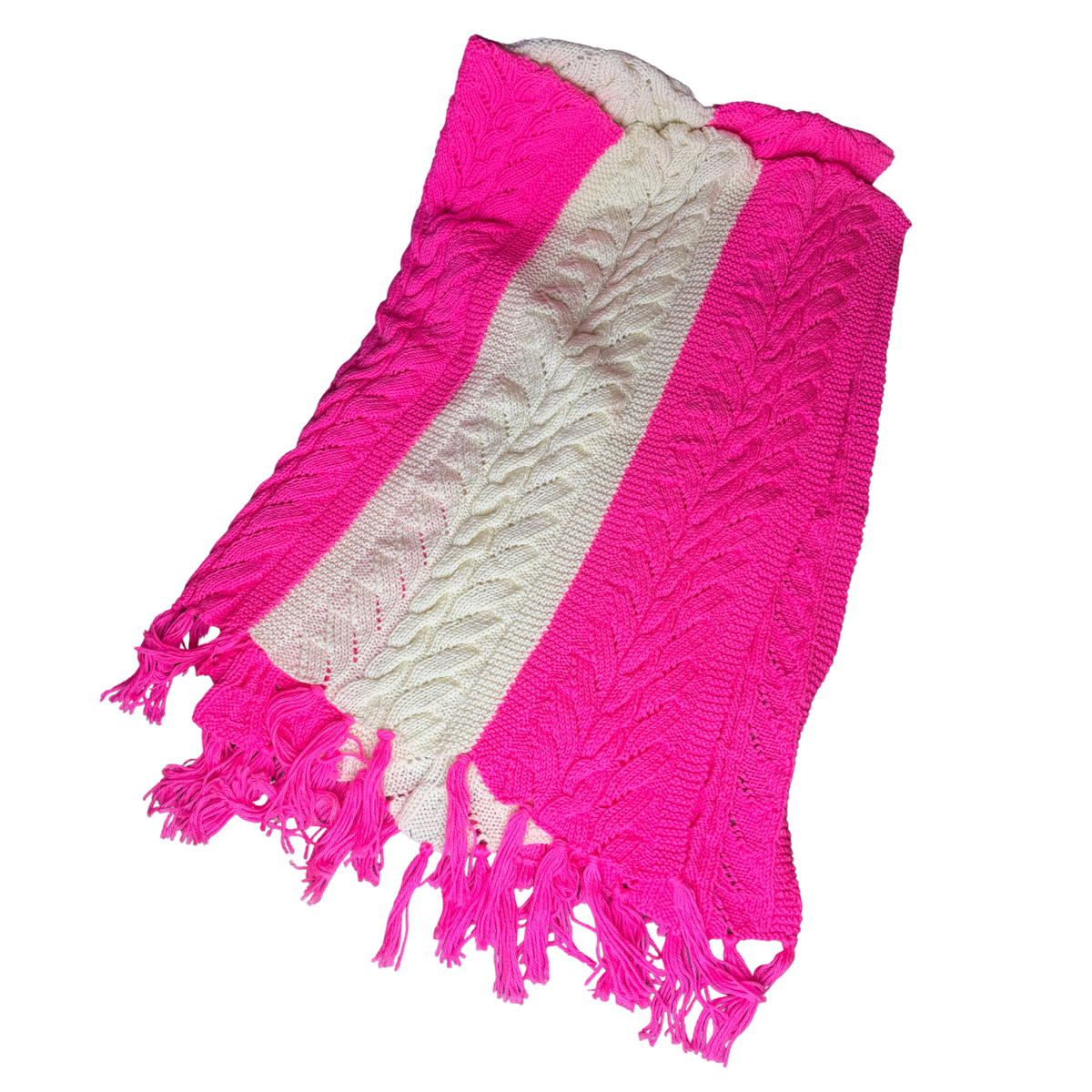 VINTAGE Hand-Knit Funky Cable Blanket Cream and Fuchsia 50" x 70"
