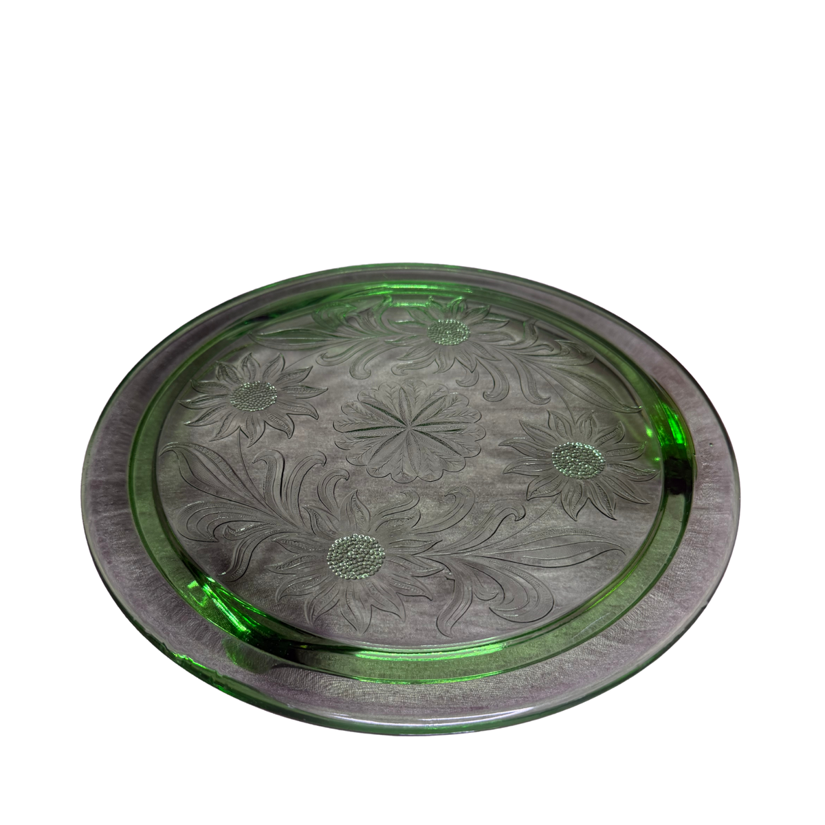 Uranium Jeanette Glass Cake Plate With Sunflower Pattern