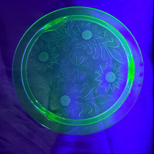 Uranium Jeanette Glass Cake Plate With Sunflower Pattern