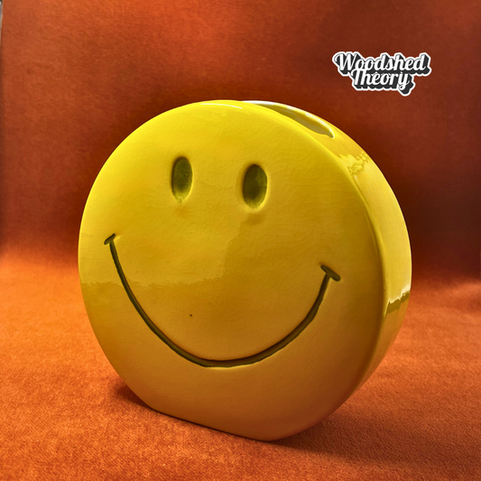 Vintage 1972 All Smiles ceramic smiley face vase, hand painted yellow retro decor piece with cheerful face front