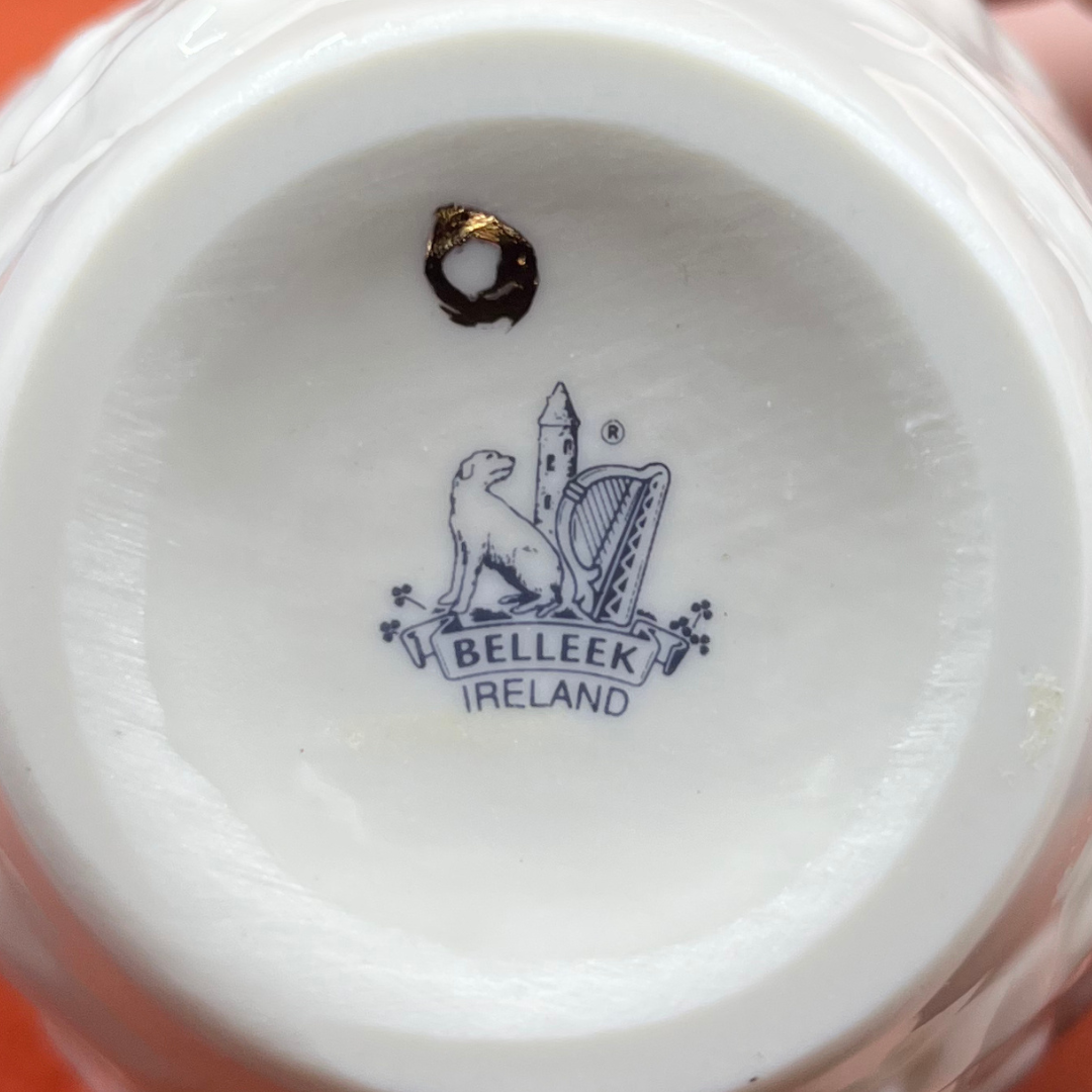 Vintage Belleek Irish porcelain mini vase with acorn and oak leaf design, gold rim, bone china, made in Ireland between 1997-2000, 5 inches tall. bottom stamp 