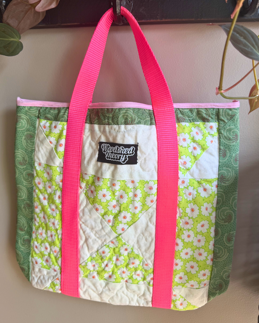 Green/Blue Cherries Floral Quilted Tote