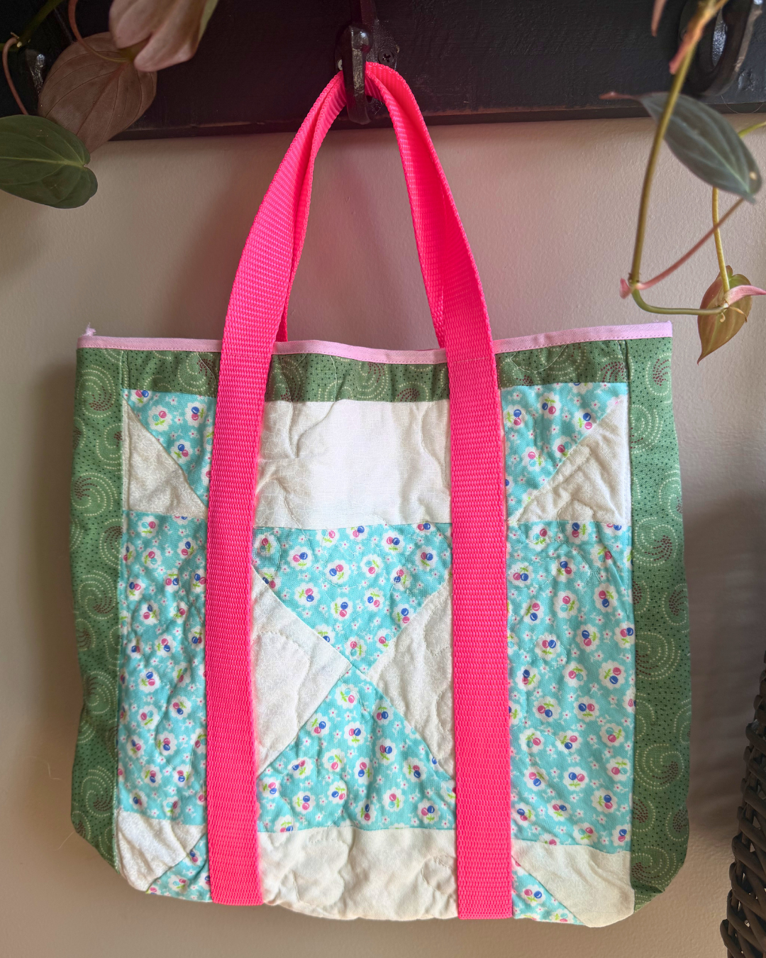 Green/Blue Cherries Floral Quilted Tote