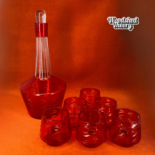 Vintage USSR Soviet-era orange glass decanter with glass stopper and six matching glasses, mid century modern retro barware set. Full set 