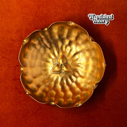 Vintage Gregorian Copper 313 pedestal bowl with hammered finish, ruffled edge, and leaves & berries motif in the center top down